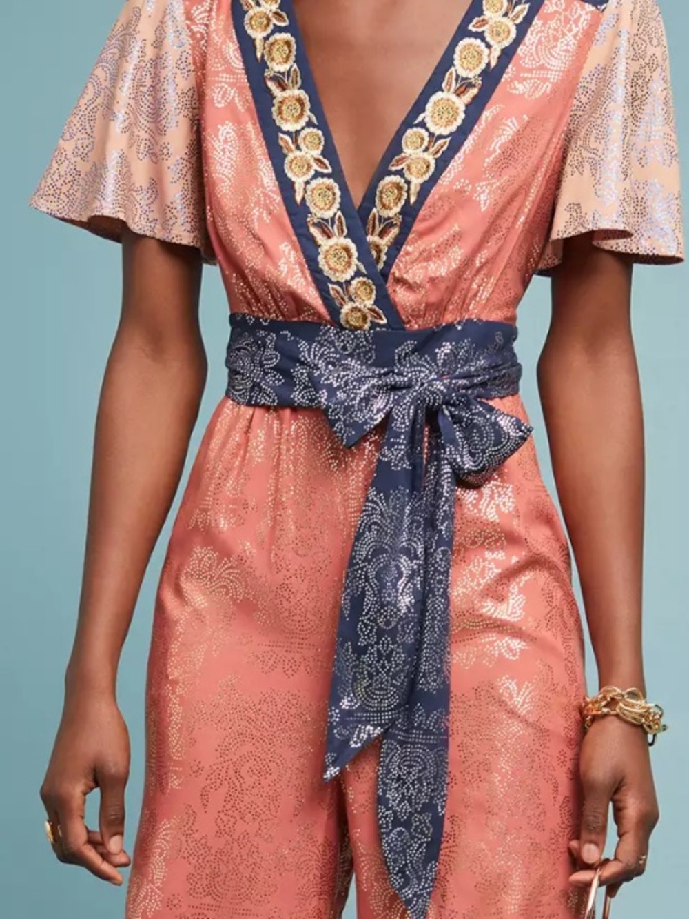 Sofia Metallic Jumpsuit Anthropologie Akemi + Kin Sz 0P orange navy embroidered
